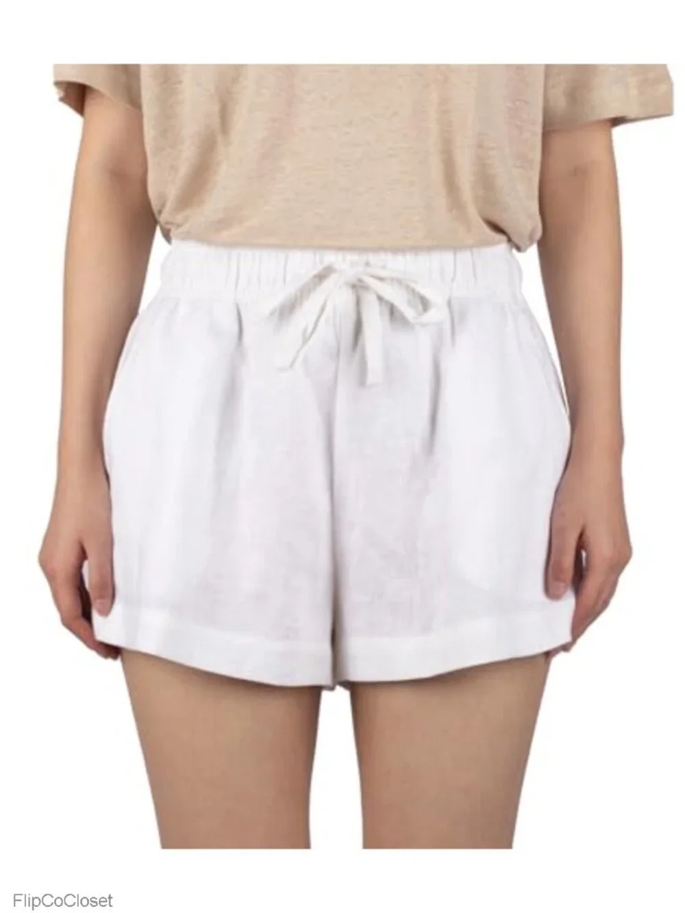 100% Linen High Rise Elastic Waistband Casual Lounge Shorts with Pockets